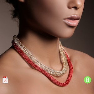 以下が含まれることがあります： 女性の首のクローズアップで、ゴールドのチェーンとレッドのチェーンを重ねたネックレスをしています。