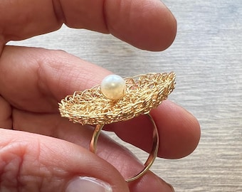 PEARL ring, Wire crochet GOLD ring,  Lace Ring, Flower ring, Handmade band ring, Statement ring, Gift for her, Adjustable Ring