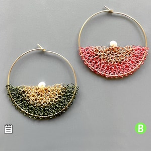 May include: A pair of gold hoop earrings with a half-circle of crocheted wire in pink and gold, and another pair with a half-circle of crocheted wire in green and gold.