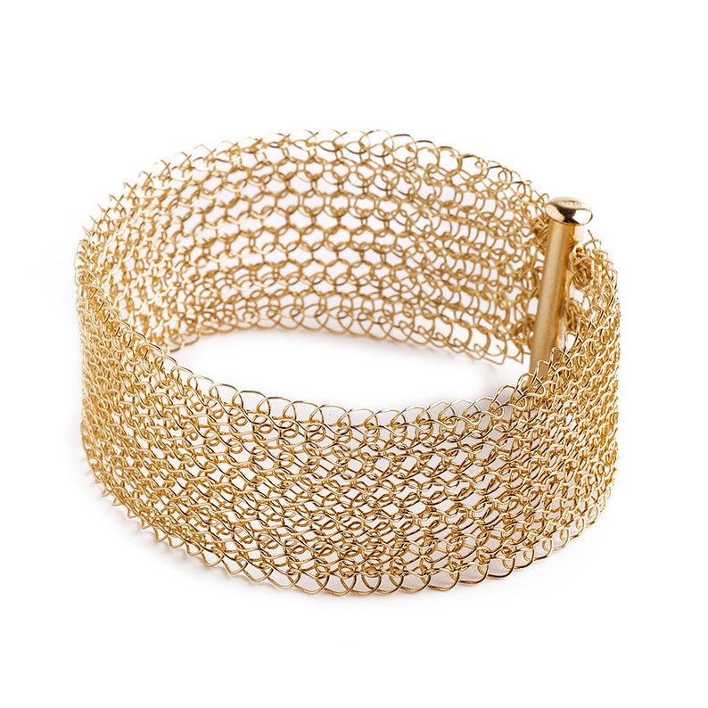 Knit Narrow Gold Cuff Bracelet Wire Crocheted Bracelet Etsy