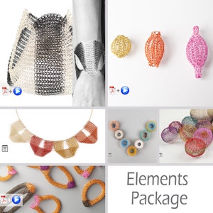 May include: An assortment of handmade wire jewelry pieces in various shapes and colors. Includes a necklace, bracelets, earrings, and a cuff. The color palette ranges from gold and silver to vibrant hues of orange, pink, and blue. The text "Elements Package" is visible.