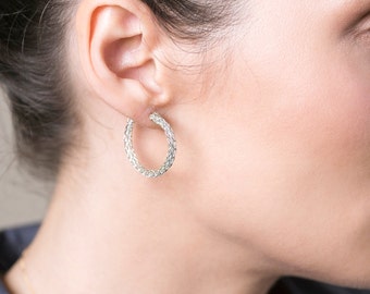 Sterling Silver HOOP earrings - Unique crochet medium hoops Knitted hoop earrings Wire crochet jewelry- Gypsy bohemian fashion