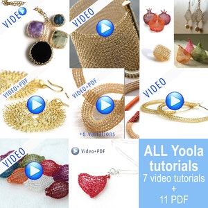 May include: A collage of images showcasing various jewelry pieces made with wire crochet techniques. The image includes earrings, necklaces, bracelets, and other decorative items. The image also includes the text "ALL Yoola tutorials 7 video tutorials + 11 PDF".