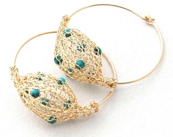 Wire crochet jewelry Turquoise jewelry, big gold hoop earrings, hippie earrings Turquoise Earrings , anniversary gifts