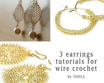 PATRÓN DE JOYERÍA DE CROCHET 3 Pendientes de alambre Tutoriales en PDF Pendientes de aro de girasol Pendientes colgantes Patrones de joyería de alambre Trabajo con alambre Cómo tejer a crochet con alambre