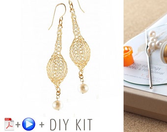 Crochet Pattern DIY kit - Wire Crochet Drop Earrings Pattern - DIY earrings KIT - Jewelry Making Kit - Earrings tutorial kit - Gift for Her