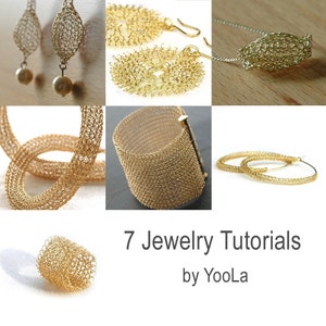 Puede incluir: Un collage de siete tutoriales de joyería de oro por YooLa. Los tutoriales presentan aretes, un brazalete y un collar hechos con alambre tejido a crochet.