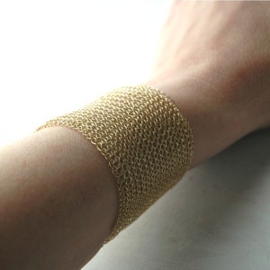 Gold wide bracelet, Mesh jewelry, Statement cuff bracelet, Wedding bracelet image 5