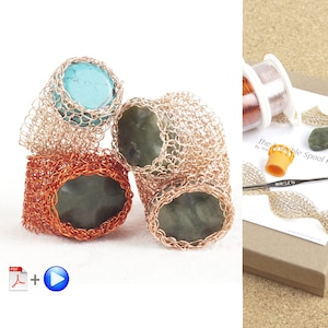 Kit fai da te per gioielli, KIT fai da te per anelli, Kit per gioielli in rete, Modelli per gioielli all&#39;uncinetto, Anello avvolto con filo metallico, Tutorial per anello con pietra, Tutorial per gioielli