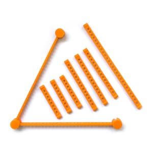 May include: A set of orange plastic pieces that form a triangle shape with a series of lines extending from the top point of the triangle.
