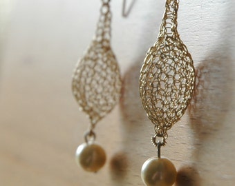 Organic drop earrings, Unique pearl earrings, Wire crochet jewelry, Gift for her