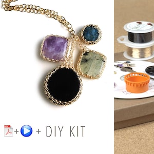 May include: A DIY kit for making a necklace with four different gemstones: amethyst, black, green, and blue. The kit includes gold wire, a spool of black thread, and a spool of gold thread. The kit also includes a PDF instruction guide and a play button icon.