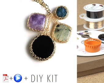 Wire crochet pattern - Crochet Pendant Necklace - BOHO Necklace - kit crochet wire jewelry - Jewelry Making Kit - Crochet Necklace kit