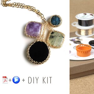 May include: A DIY kit for making a necklace with four different gemstones: amethyst, black, green, and blue. The kit includes gold wire, a spool of black thread, and a spool of gold thread. The kit also includes a PDF instruction guide and a play button icon.