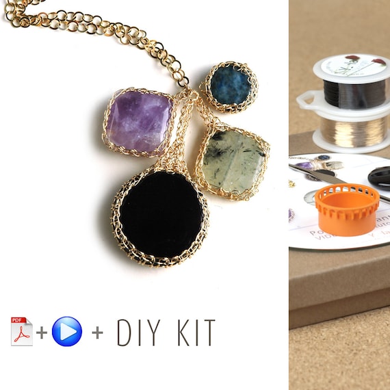 Turquoise DIY kit, Wire crochet pattern, Crochet Pendant Necklace, Wire Jewelry Kit, Jewelry Making Kit, Jewelry Making Supply