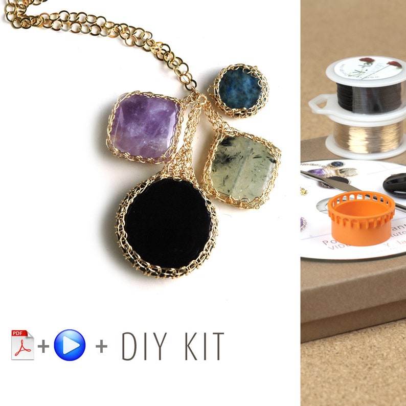 May include: A DIY kit for making a necklace with four different gemstones: amethyst, black, green, and blue. The kit includes gold wire, a spool of black thread, and a spool of gold thread. The kit also includes a PDF instruction guide and a play button icon.