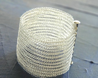 Silver cuff bracelet wire crochet cuff handmade glamourous jewelry high fashion wire crochet jewellery chic cuff tube clasp