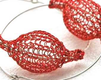 Red earrings, Large hoop earrings, Red Jewelry