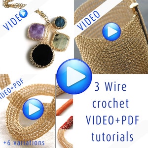 May include: Three wire crochet tutorials with video and PDF instructions. The image shows a gold wire crochet bracelet, a necklace with gemstones, and a gold wire crochet ring. The text "3 Wire crochet VIDEO+PDF tutorials" is displayed on a white background.