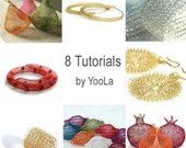 8 Crochet Wire Jewelry Patterns in PDF -  ring, sunflowers, hoops, necklace, pomegranates, pears, beads,bracelet,