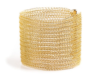 CUFF bracelet, Gold Mesh jewelry, Gold wide bracelet, Gift for her