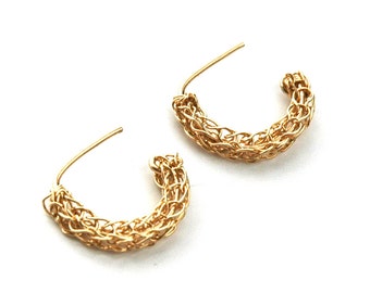 Mini  Gold hoop earrings in crochet - ethnic earrings , Boho earrings - Gypsy earrings - open hoops- Gypsy bohemian fashion