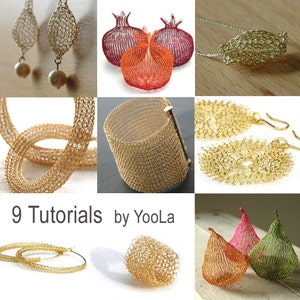 Peut inclure: Neuf tutoriels de crochet par YooLa présentant divers bijoux et articles de décoration intérieure. L'image montre une collection de boucles d'oreilles en crochet, un bracelet, un collier, un bol et un ensemble de poires décoratives. Les articles sont tous réalisés avec du fil d'or et présentent un design délicat et complexe.