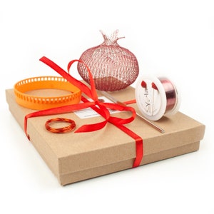 May include: A brown box with a red ribbon tied around it. The box contains a spool of red wire, a small orange loom, a red crochet hook, and a red wire pomegranate.