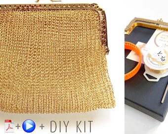 Wire Crochet Clutch Pattern Kit, DIY Purse Tutorial, ISK Invisible Spool Knitting, Crochet with Wire, Handmade Bag Kit, Video + PDF