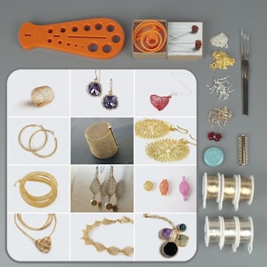 May include: A collection of handmade jewelry and craft supplies, including earrings, necklaces, bracelets, and spools of wire. The jewelry pieces feature intricate wirework and gemstones. An orange tool and small boxes of supplies are also included.