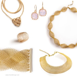 May include: A collection of gold-toned jewelry, including a necklace with a heart-shaped pendant, a ring, earrings with square, light pink stones, a twisted necklace, and a wide cuff bracelet. The jewelry is displayed on a white background.