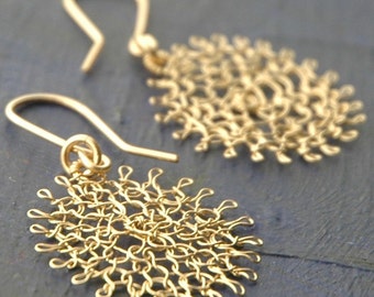 Gold crochet earrings, Circle earrings, Dangle earrings, Gold wire earrings, Long earrings, Lightweight earrings