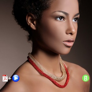 May include: A woman with dark brown skin and short, curly black hair is wearing a gold and red beaded necklace. The necklace is made of two strands, one gold and one red, and is layered.
