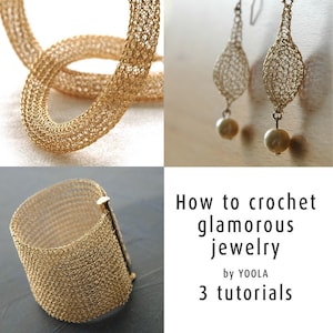 How to wire crochet glamorous jewelry tutorials crochet patterns tube necklace pearl drop earrings wide cuff bracelet