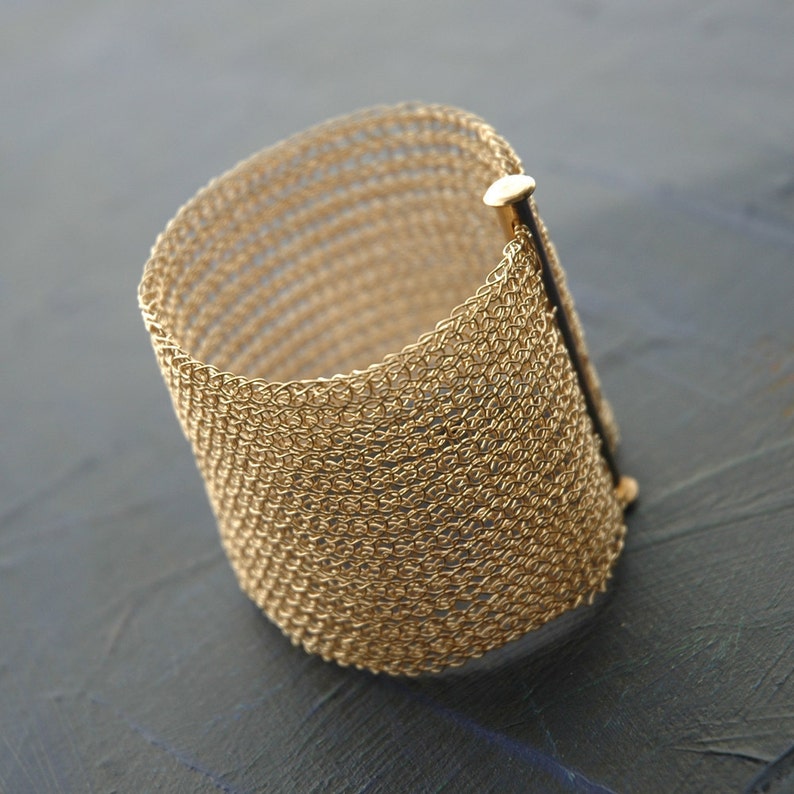 Gold wide bracelet, Mesh jewelry, Statement cuff bracelet, Wedding bracelet image 2