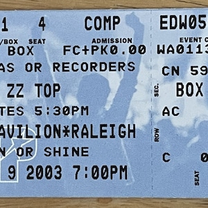 ZZ Top Concert - Alltel Pavilion Raheit, Navy - Unbenutzte Box-Sitzplatzkarte - Freitag, 9 Mai 2003