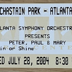 Seltene Vintage Peter, Paul & Mary Konzertkarte Stub MITTWOCHS, 28.Juli 2004 - Chastain Park in Atlanta, GA