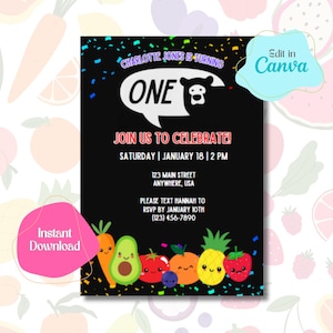 Hey Bear Inspired Digital Birthday Invitation, Dancing Fruit, First Birthday | Instant Download