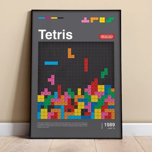 Puede incluir: Un póster en blanco y negro con el título "Tetris" y una imagen pixelada del juego Tetris. El póster también incluye el logotipo de Nintendo y la fecha "1989 Junio 14".
