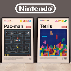 Juego de 2 láminas de Pac-Man y Tetris, retro, videojuegos, ilustración de juego arcade clásico, arte mural imprimible, descarga digital