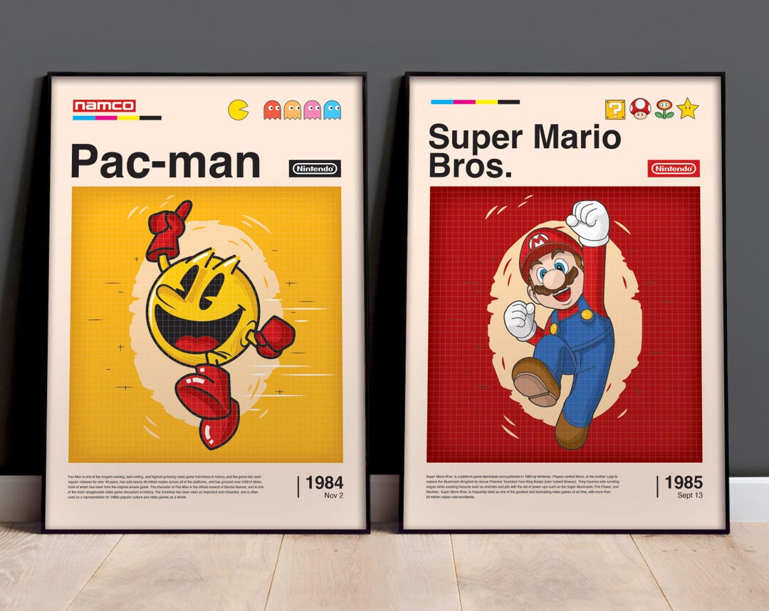 Set of Pac-man Super Mario Bros Prints, Retro, Video Games