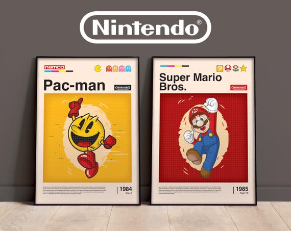 パックマン＆スーパーマリオブラザーズのプリント2枚セット、レトロ スーパーマリオ×パックマン
