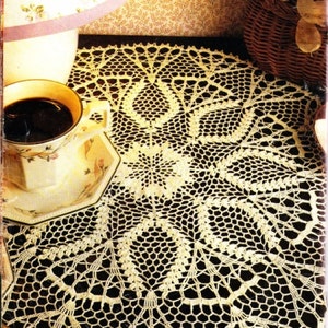 May include: A delicate, off-white crocheted doily with a floral design. The doily is laid on a dark surface and features a central motif with repeating patterns.