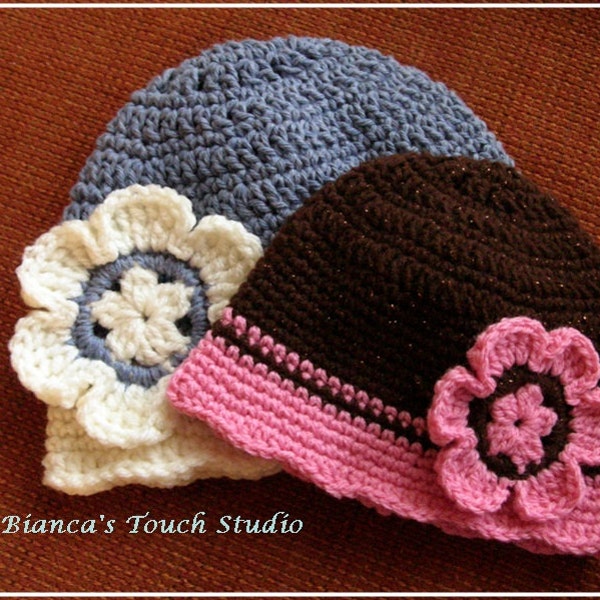 Toddler Crochet Beanie with a scalloped brim and flower.  Pattern in PDF