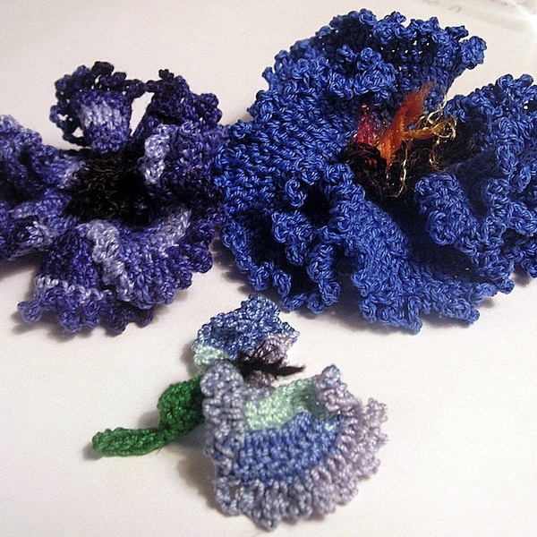 INSTANT DOWNLOAD Crochet Cornflower set of three sizes, including Bud, Applique, Brooch, Clipie, tutorial instructions in PDF format