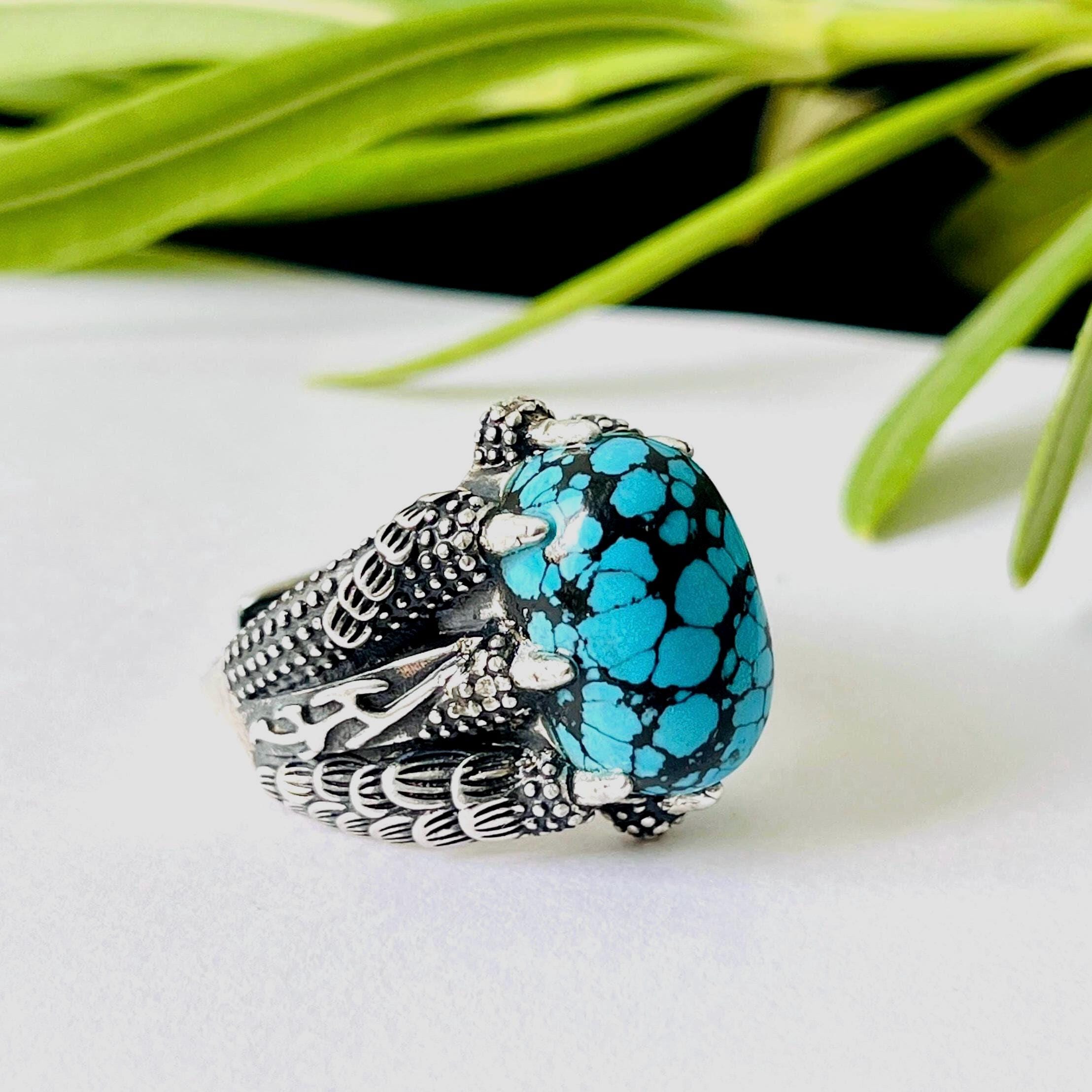 Natural Gemstone Spiderweb Turquoise Ring,Men’s Statement Genuine Turquoise Ring,Handmade Silver Eagle Claw Ring,Elegant Unique Jewelry Gift