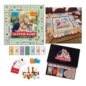 May include: A custom board game set featuring a square game board with a central family photo, the text CUSTOM NAME, and CHRISTMAS 2024 EDITION. Includes colorful paper money, property cards, plastic game pieces, dice, and a black storage box.