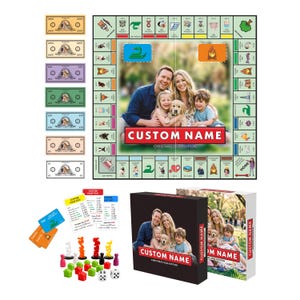Könnte beinhalten: Ein personalisiertes Brettspiel-Set mit einem quadratischen Spielbrett, das ein Familienfoto, den Text CUSTOM NAME und CHRISTMAS 2024 EDITION zeigt, sowie Spielgeld, Spielkarten, kleine Kunststoffhäuser, Spielfiguren und zwei Spielschachteln.
