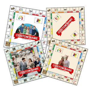 May include: Four square board game layouts featuring customizable center areas with personal photographs or illustrations. Each board includes a red banner with the text CUSTOM NAME CUSTOM EDITION, a colorful gauge icon, and a puzzle piece graphic.