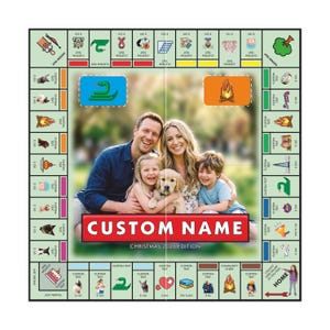 May include: A custom board game featuring a central photograph of a family with a dog. The board has a light green border with various icons and spaces labeled CUSTOM TEXT. The center includes a red banner with CUSTOM NAME and CHRISTMAS 2026 EDITION.